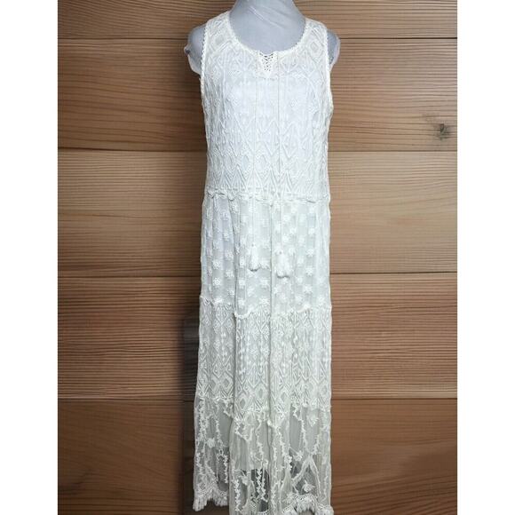 White Lace Long Maxi Dress Sz Large Boho Cottagecore Lined Cotton By Vasna - Picture 1 of 13